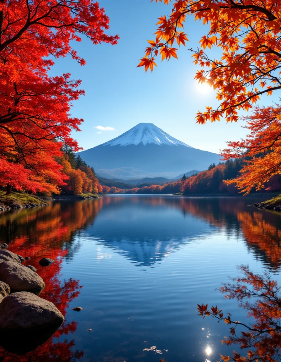 A vibrant autumn landscape featuring a tranquil lake reflecting the majestic Mount Fuji. The foreground is adorned with fiery red and orange maple trees, their leaves creating a stunning contrast against the clear blue sky. Sunlight bathes the scene, casting warm, golden hues that enhance the rich colors of the foliage. The composition leads the viewer's eye towards the snow-capped peak, framed perfectly by the foliage. Soft ripples on the water add dynamism, while distant mountains provide depth. This serene setting evokes a sense of peace and harmony, typical of traditional Japanese aesthetics. <lora:aidmaFLUXPro1.1-FLUX-v0.3:1>