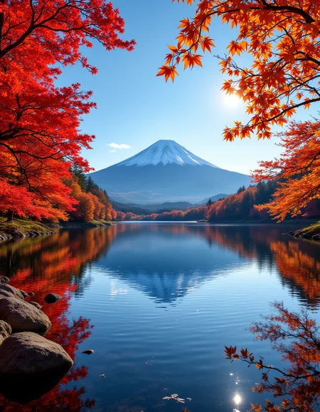 A vibrant autumn landscape featuring a tranquil lake reflecting the majestic Mount Fuji. The foreground is adorned with fiery red and orange maple trees, their leaves creating a stunning contrast against the clear blue sky. Sunlight bathes the scene, casting warm, golden hues that enhance the rich colors of the foliage. The composition leads the viewer's eye towards the snow-capped peak, framed perfectly by the foliage. Soft ripples on the water add dynamism, while distant mountains provide depth. This serene setting evokes a sense of peace and harmony, typical of traditional Japanese aesthetics. <lora:aidmaFLUXPro1.1-FLUX-v0.3:1>