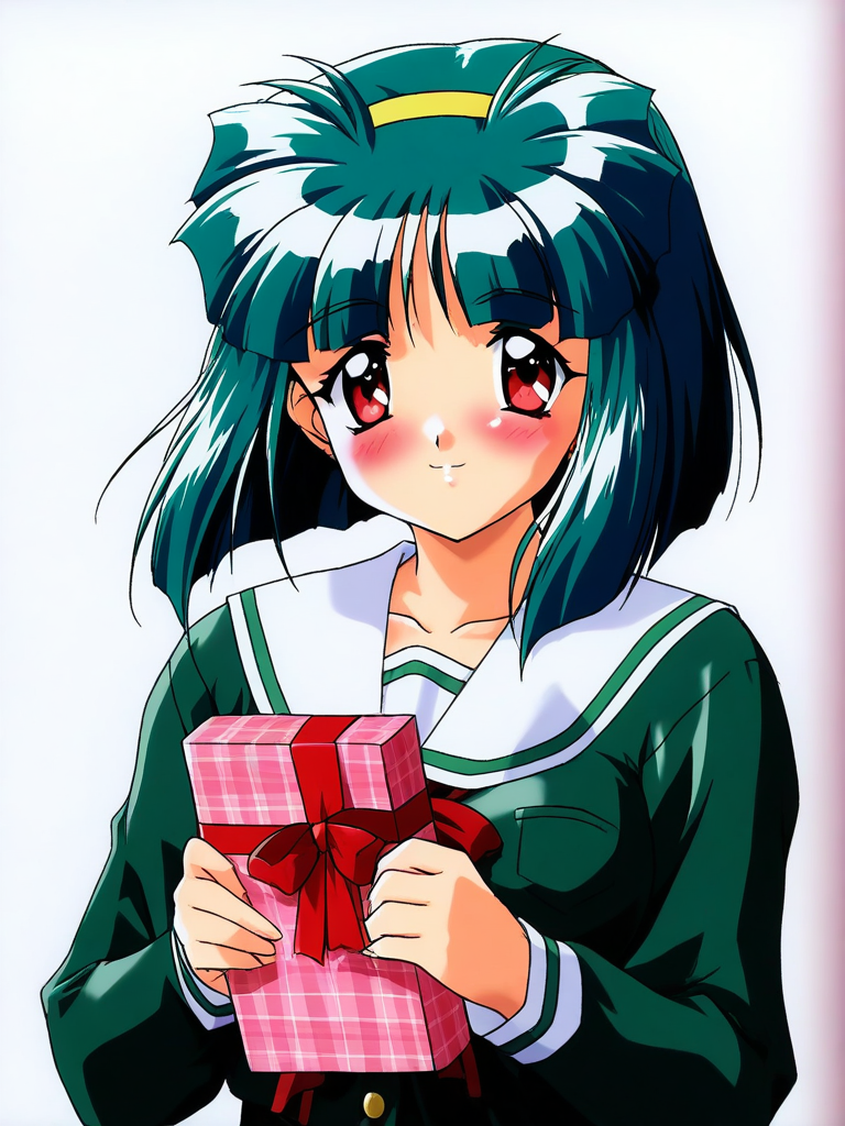 general,highres, ultra-detailed,very aesthetic,best quality ,best hands, BREAK <lora:Sakura_Kaedeko_Tokimeki_Memorial2_IS:1>
Sakura_Kaedeko(Tokimeki_Memorial2), 1girl, solo, short hair, green hair, yellow hairband, red eyes, bangs, breasts, 
smile, upper body, gift, holding, long sleeves, school uniform, simple background, holding gift, green shirt, blush, looking at viewer, ribbon, plaid, bow, valentine, white background, buttons, box, blunt bangs, shirt, light smile, serafuku