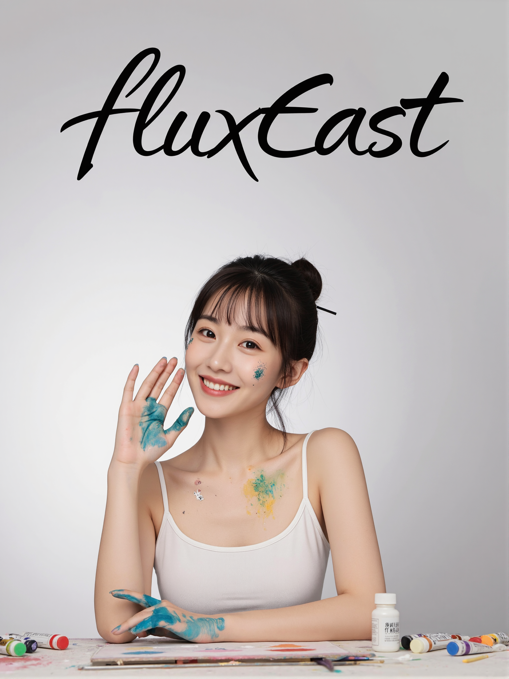 This is a clear, high-resolution image with a minimalist style. In the picture, there is a young woman wearing a white tank top and her hair tied up in a bun, secured with a hairpin. Her face and hands are covered in multicolored paint, suggesting that she is painting. She has a happy expression on her face, with one hand raised, palm facing towards her face, as if showing off her "creation". On the table, there are various tubes of paint and a color mixing board, both scattered with multicolored paint. The background is gray and white.
There is a prominent artistic font above the picture, which reads' fluxEast 'in English