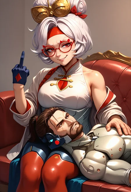 score_9, score_7_up, <lora:LapPillowNonPOV_pdxl_Incrs_v1:0.5>, lap pillow, lying, sitting, sofa,
BREAK <lora:purah-pdxl-nvwls-v1:0.8> purah, hair ornament, red headband, red glasses, sleeveless shirt, white coat, black skirt, red leggings, gloves, middle finger, smirk, 1girl,
BREAK <lora:JetstreamSam_XLPD:0.8> JetstreamSam, cyborg, bodysuit, headgear, beard, 1boy,