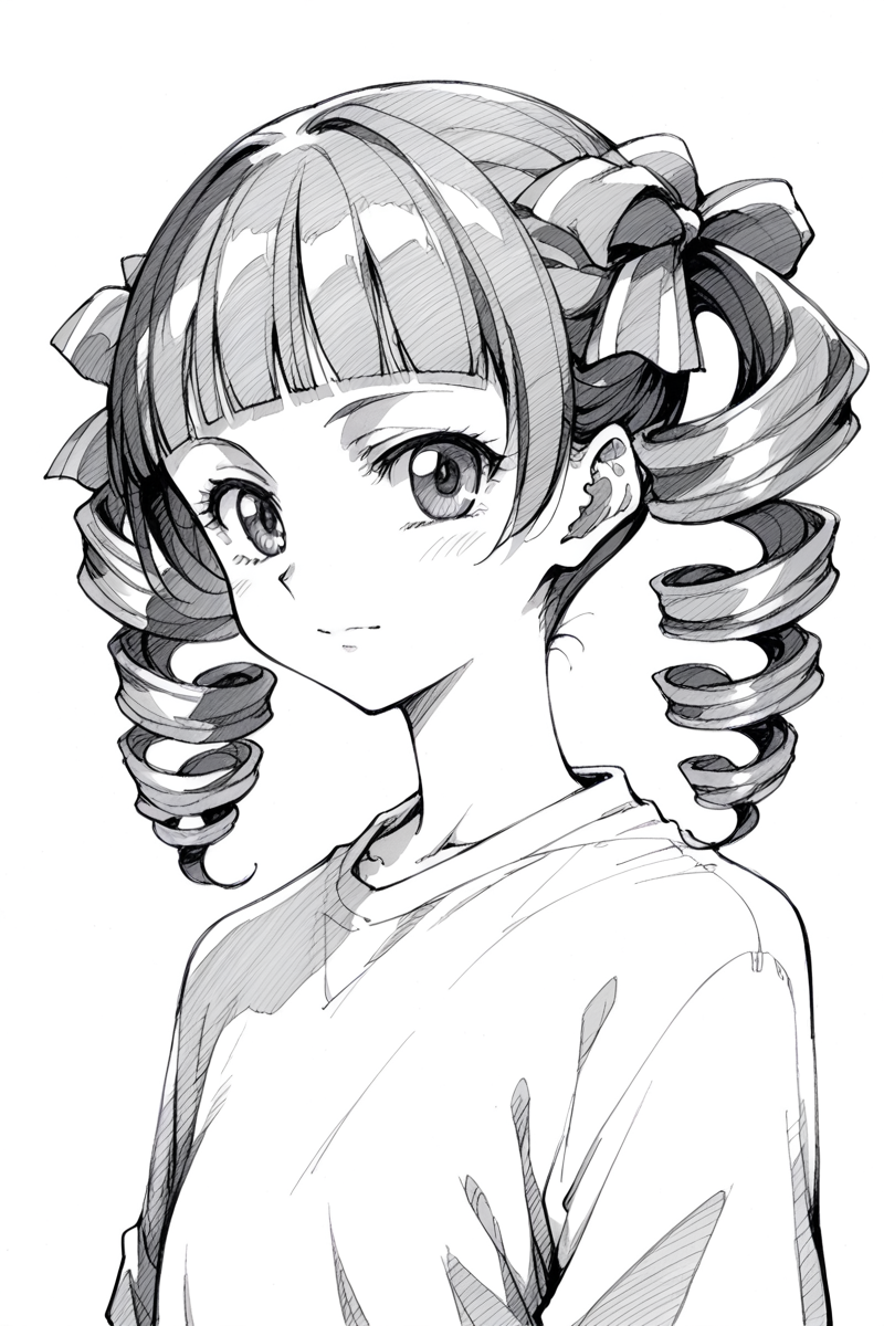 score_9, score_8_up, score_7_up, score_6_up,
 <lora:Touko_Matsudaira:0.9> touko, 1girl, solo, greyscale, monochrome, drill hair, traditional media, sketch, twintails, twin drills, spot color, blunt bangs