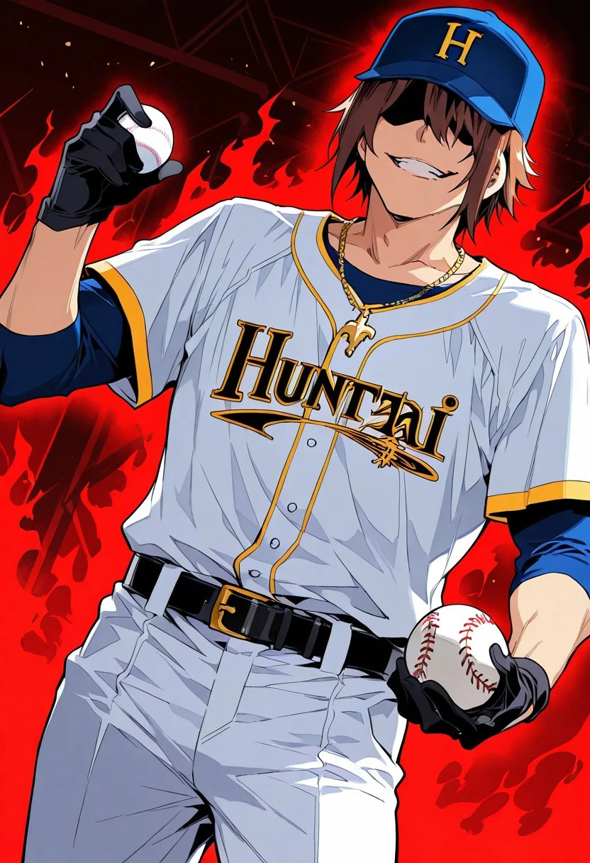 score_9, score_8_up, score_7_up, score_6_up, source_anime, BREAK, 1man, solo, (( <lora:hentai_mc:1> , hentai_mc, faceless, shaded face, toned body, manly, strong male, alfa male, short brown hair, hair over eyes, charismatic male, )) , ((very cool black-lens sunglasses, black shirt, black trousers with gold belt, thick gold yakuza necklace, )) , ((baseball uniform, baseball jersey, white baseball shirt with yellow edged, blue innerwear shirt, white baseball pants with black belt, blue baseball cap with yellow edged red "H" logo, )) , red aura, red theme, black gloves, masterpiece, best quality, male focus, cowboy shot, holding baseball ball, looking away, expressive face, evil smile, grin, manly, 1male, blurry outdoors, from below, dutch angle, intricately detailed illustration, atmospheric perspective, depth of field