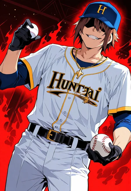 score_9, score_8_up, score_7_up, score_6_up, source_anime, BREAK, 1man, solo, (( <lora:hentai_mc:1> , hentai_mc, faceless, shaded face, toned body, manly, strong male, alfa male, short brown hair, hair over eyes, charismatic male, )) , ((very cool black-lens sunglasses, black shirt, black trousers with gold belt, thick gold yakuza necklace, )) , ((baseball uniform, baseball jersey, white baseball shirt with yellow edged, blue innerwear shirt, white baseball pants with black belt, blue baseball cap with yellow edged red "H" logo, )) , red aura, red theme, black gloves, masterpiece, best quality, male focus, cowboy shot, holding baseball ball, looking away, expressive face, evil smile, grin, manly, 1male, blurry outdoors, from below, dutch angle, intricately detailed illustration, atmospheric perspective, depth of field