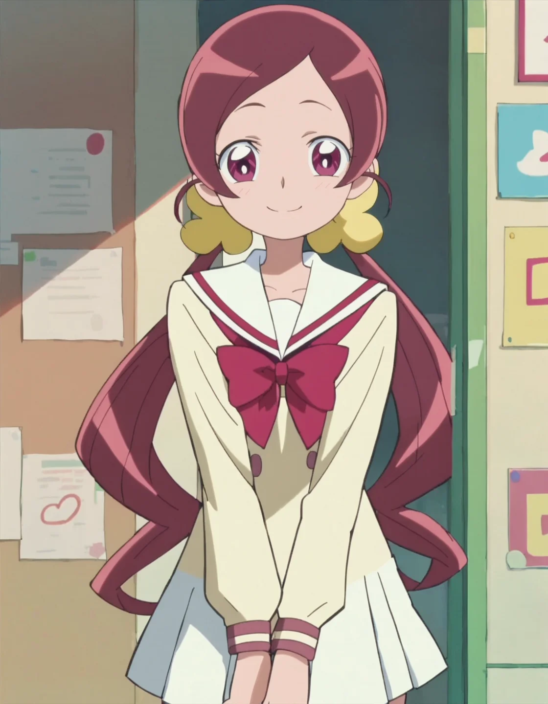 score_9, score_8_up, score_7_up,1girl,solo, anime screencap,hanasakitsubomi, 1girl, school uniform ,cowboy shot,low twintail,long hair,looking at viewer,smile,blush<lora:hanasakitsubomi:0.8>