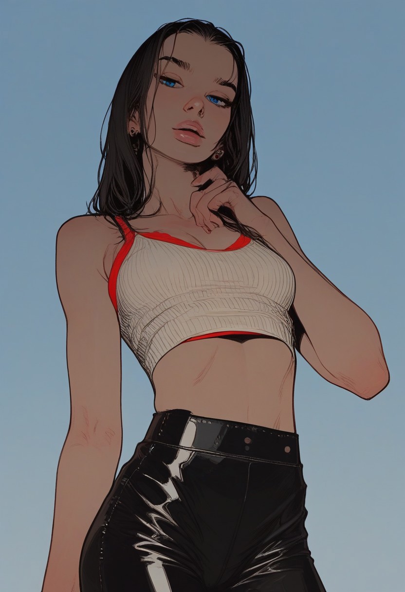 score_9, score_8_up, score_7_up, sinozick style , flat color, erotic theme, bright colors,  source_comic, pinup girl pose, Expressive, shiny black leather pants, white tank top, red bra,  posing for erotic photoshoot, dynamic sexy pose,
BREAK 
dramatic angle, unique perspective, unique angle,