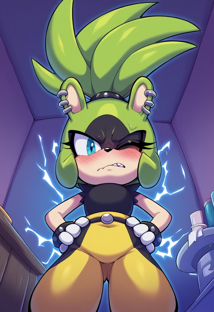 score_9, score_8, score_7, 1girl, solo, surgethetenrec, green fur, piercing, looking at viewer, one eye closed, angry, blush, nervous, facing viewer, indoors, standing black forehead, blue eyes, two-toned fur, looking at viewer, frown, cute, (sharp teeth), ((aura, electricity)), hands on waist, safe_rating, from below, two rings