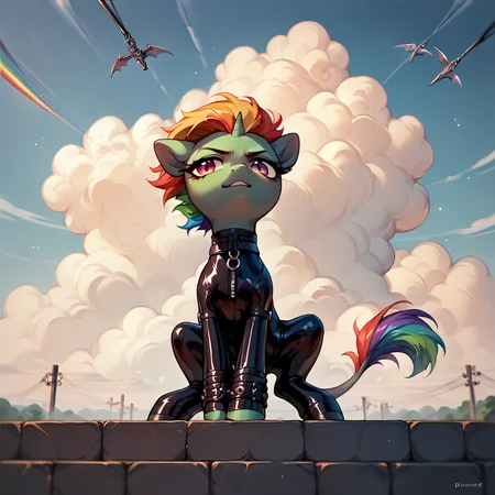 score_9, score_8_up, score_7_up, score_6_up, score_5_up, score_4_up, anime, 1 dominatrix pony, subpose, <lora:Subpose_1.1_Pony:1>, rainbows, sky, clouds, latex, dominatrix