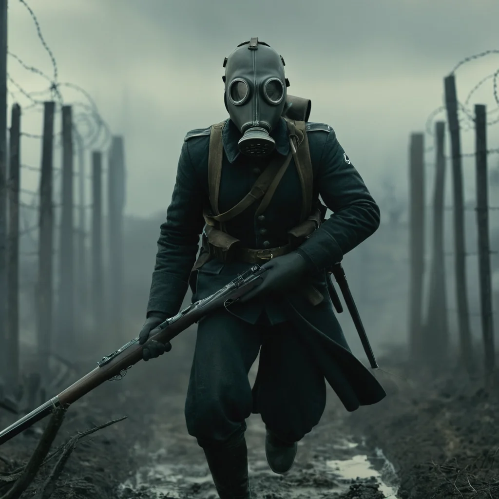 UHD, 4k, ultra detailed, cinematic, a photograph of <lora:Battlefield ww1 style:1>
a german man in a gas mask holding a rifle bayonet battlefield ww1 style,solo,gloves,1boy,weapon,male focus,water,armor,uniform,gun,military,military uniform,helmet,fire,rifle,running,military vehicle,assault rifle,explosion,firing,gas mask,soldier,war,barbed wire , war, war zone, battle, warrior, soldier, dark themed, cinematic, film look, world war 1, first world war, ww1, military, dramatic light, epic, beautiful lighting, inpsiring