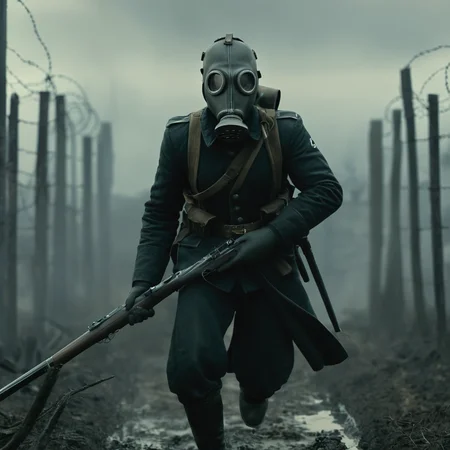 UHD, 4k, ultra detailed, cinematic, a photograph of  <lora:Battlefield ww1 style:1>
a german man in a gas mask holding a rifle bayonet battlefield ww1 style,solo,gloves,1boy,weapon,male focus,water,armor,uniform,gun,military,military uniform,helmet,fire,rifle,running,military vehicle,assault rifle,explosion,firing,gas mask,soldier,war,barbed wire , war, war zone, battle, warrior, soldier, dark themed, cinematic, film look, world war 1, first world war, ww1, military, dramatic light, epic, beautiful lighting, inpsiring