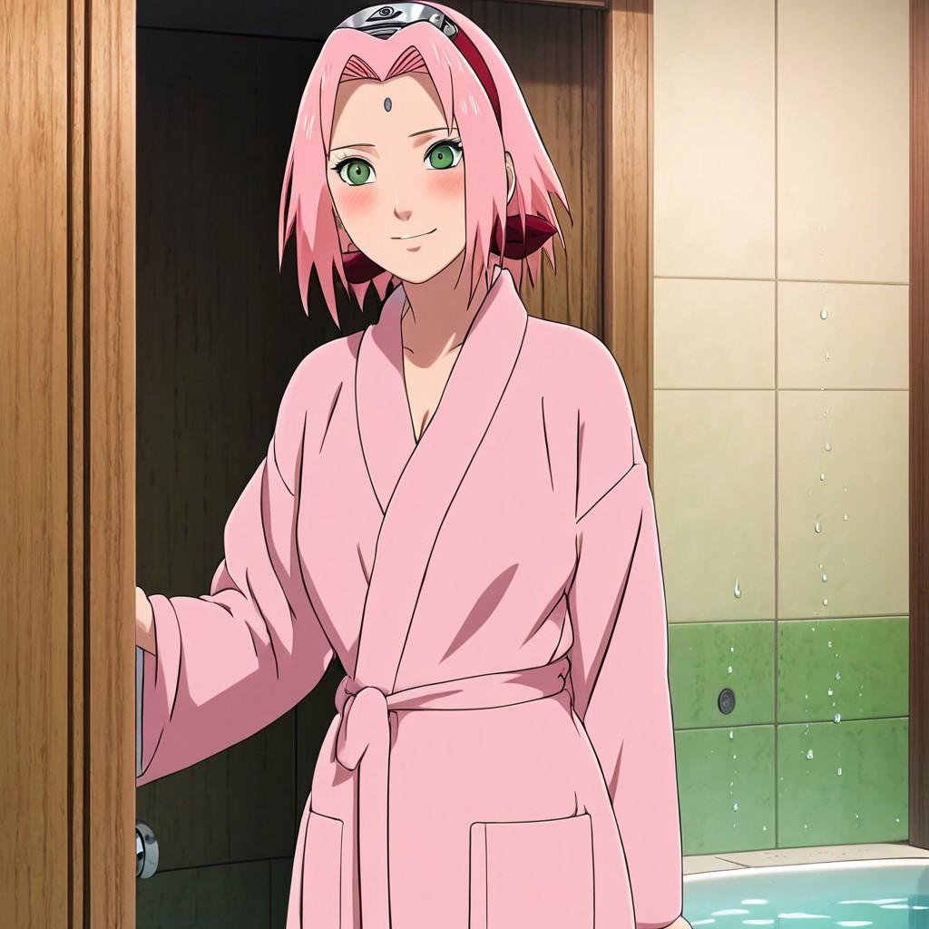 A hot sexy and naughty picture of Sakura Haruno taking a bath wearing a pink bathrobe ; sexy beautiful body ; standing full-body view ; naughty teasing smile ; forehead mark and green eyes