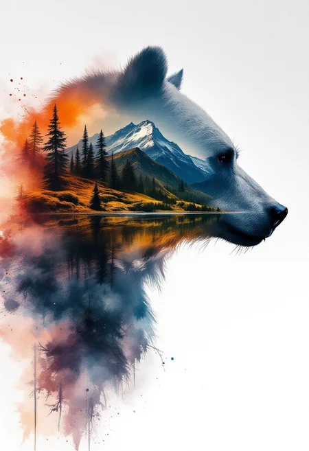 double exposure, shadowy silhouette (bear), animal head. merged with a mountain. In the style of a watercolor painting, ashy splatter backdrop. captivating, beautiful, vibrant, masterpiece, 8k, Ultra HD, amazing details, amazing quality, amazing artist, sharp edges, detailed textures, full view, atmospheric lighting, amazing visuals