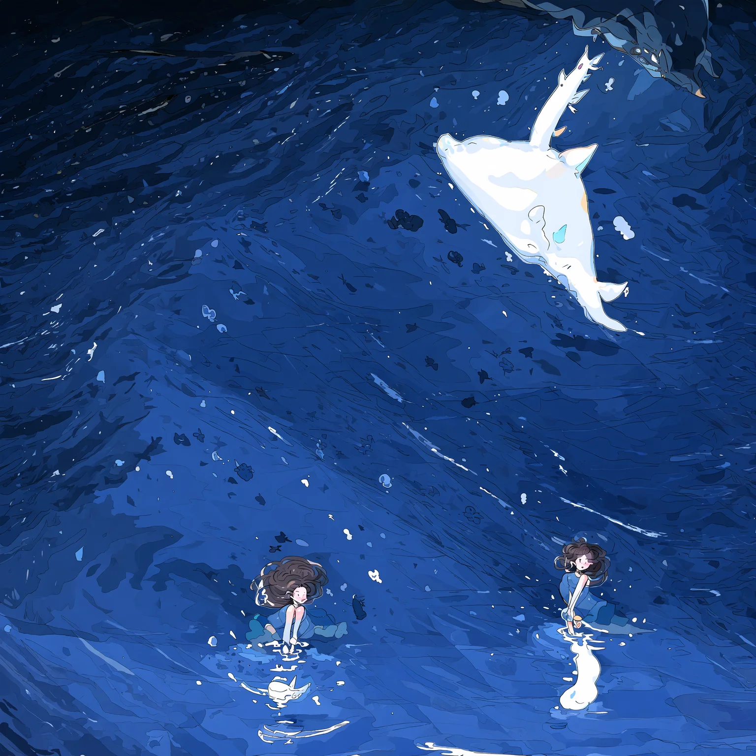 (masterpiece, best quality), 1girl, fish, long hair, dress, solo, whale, brown hair, night, water, sky, blue dress