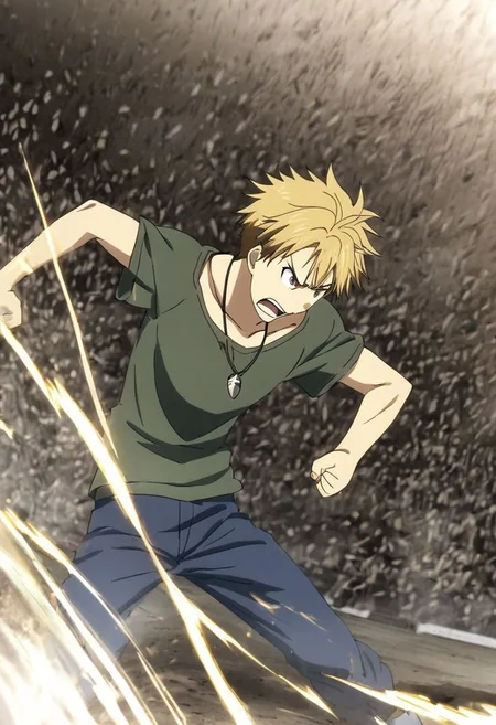 high resolution, solo, best quality, 1Boy, Yamato Ishida, Blond Hair, Necklace, anger, fight, OverallDetail
