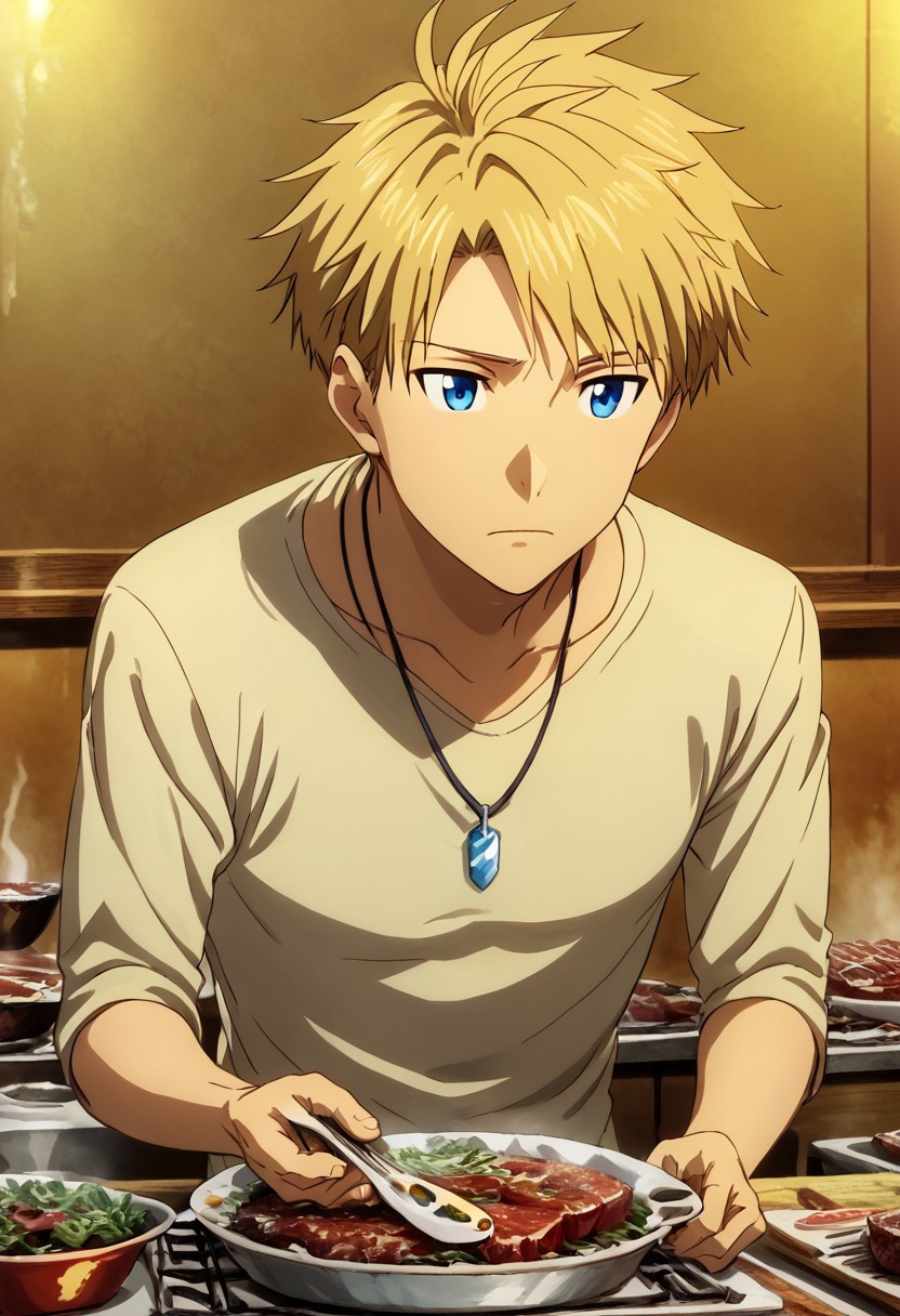 high resolution, solo, best quality, 1Boy, Yamato Ishida, Blonde Hair, Blue Eyes, Necklace, Cutting steak, precise, dinner, satisfaction,