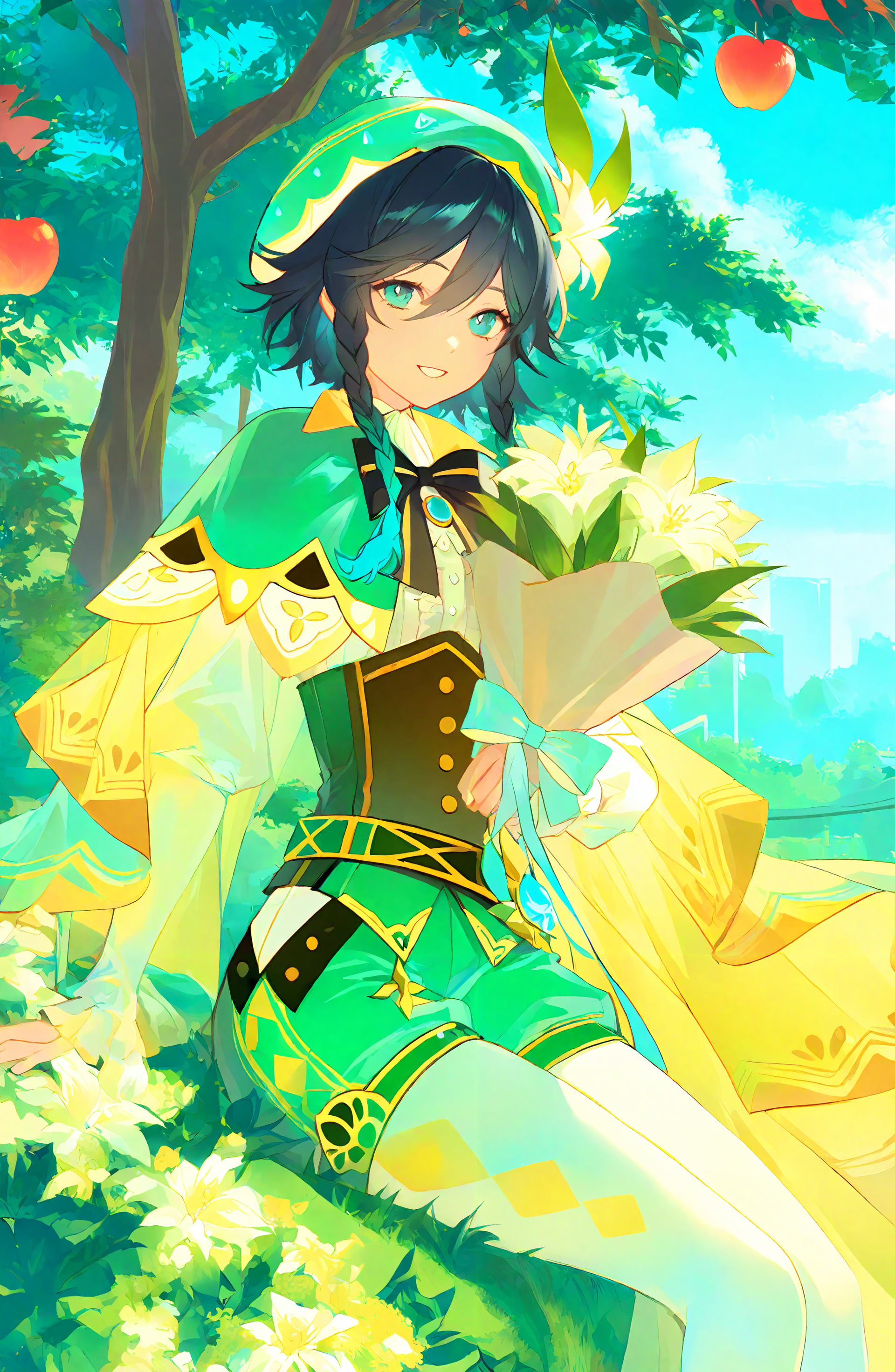 venti_\(genshin_impact\), solo, looking_at_viewer, shirt, black_hair, long_sleeves, hat, holding, bow, sitting, blue_hair, white_shirt, braid, flower, multicolored_hair, pantyhose, outdoors, frills, food, sky, shorts, day, cape, twin_braids, tree, gradient_hair, fruit, beret, leaf, white_flower, frilled_sleeves, short_hair_with_long_locks, white_pantyhose, corset, green_headwear, bouquet, apple, holding_bouquet, green_shorts, argyle_clothes, side_braids, green_cape, collared_cape