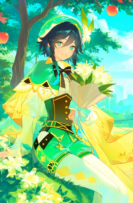 venti_\(genshin_impact\), solo, looking_at_viewer, shirt, black_hair, long_sleeves, hat, holding, bow, sitting, blue_hair, white_shirt, braid, flower, multicolored_hair, pantyhose, outdoors, frills, food, sky, shorts, day, cape, twin_braids, tree, gradient_hair, fruit, beret, leaf, white_flower, frilled_sleeves, short_hair_with_long_locks, white_pantyhose, corset, green_headwear, bouquet, apple, holding_bouquet, green_shorts, argyle_clothes, side_braids, green_cape, collared_cape