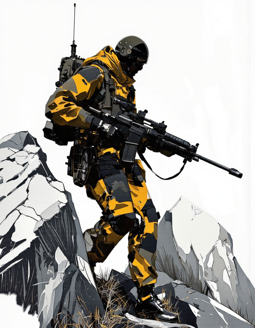 Art by Richard Anderson. A digital illustration shoot from a low angle about a soldier in a dynamic pose, holding a large machine gun, wearing a futuristic, yellow and black camouflage suit and helmet, standing on a rocky terrain with a white background. the image also shows a solo soldier in full body, positioned in the middle of the image, facing away from the viewer, with a focus on the action. the soldier appears to be in his mid-twenties and is wearing a helmet and a full-body suit, with no clothing or accessories visible. he is holding a long, black machine gun in his right hand, and his left arm is extended forward, holding it with both hands. the background is a stark white, and the image is composed of black and white brush strokes, giving it a dynamic and abstract feel. the overall style is reminiscent of modern, sci-fi art, with bold lines and bold outlines that create a sense of movement and energy.