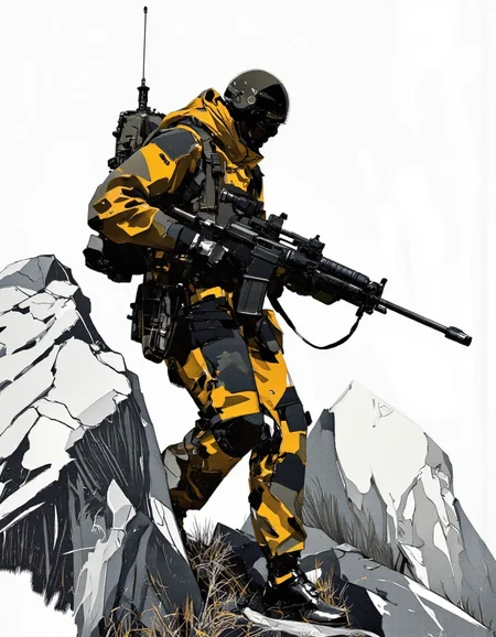 Art by Richard Anderson. A digital illustration shoot from a low angle about a soldier in a dynamic pose, holding a large machine gun, wearing a futuristic, yellow and black camouflage suit and helmet, standing on a rocky terrain with a white background. the image also shows a solo soldier in full body, positioned in the middle of the image, facing away from the viewer, with a focus on the action. the soldier appears to be in his mid-twenties and is wearing a helmet and a full-body suit, with no clothing or accessories visible. he is holding a long, black machine gun in his right hand, and his left arm is extended forward, holding it with both hands. the background is a stark white, and the image is composed of black and white brush strokes, giving it a dynamic and abstract feel. the overall style is reminiscent of modern, sci-fi art, with bold lines and bold outlines that create a sense of movement and energy.