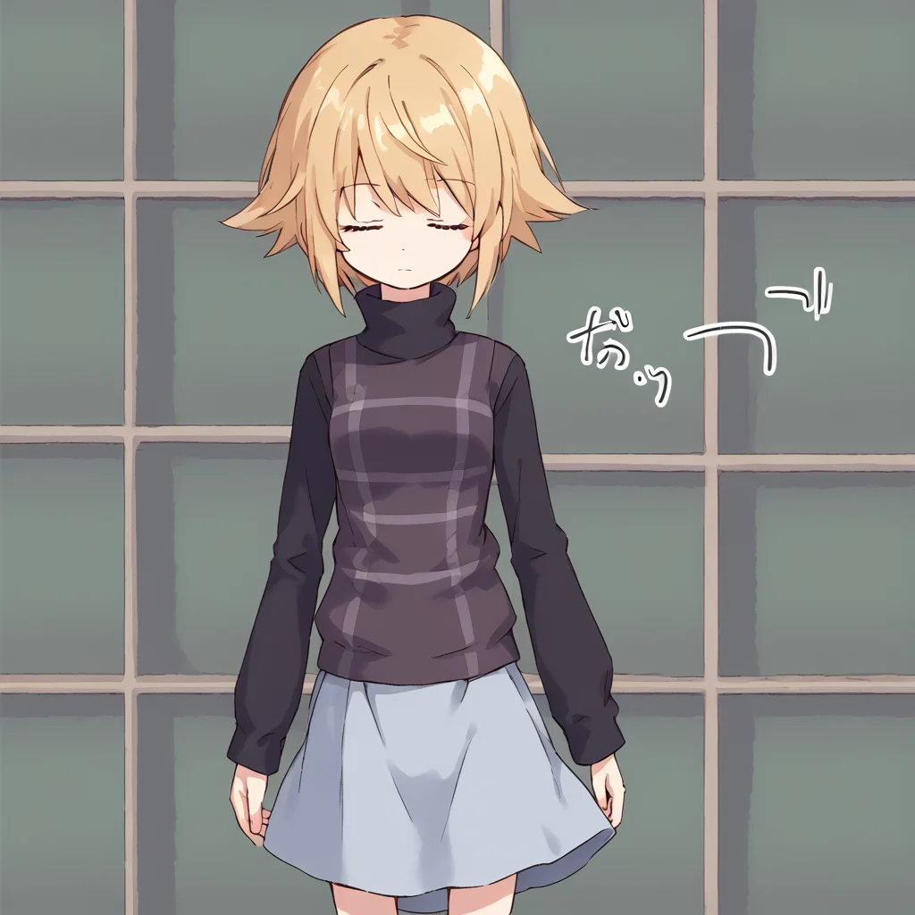 solo, 1girl
<lora:Urotsuki:1> short hair, skirt, blonde hair, closed eyes, long sleeves, turtleneck