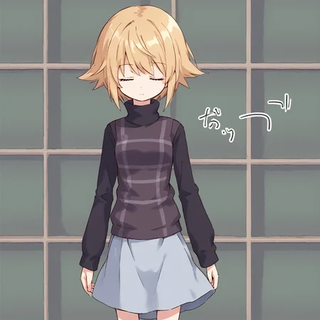 solo, 1girl
<lora:Urotsuki:1> short hair, skirt, blonde hair, closed eyes, long sleeves, turtleneck