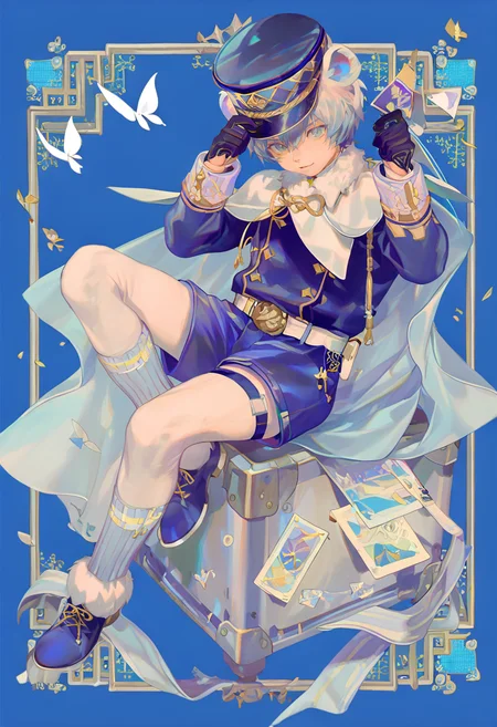 solo, 1boy, gloves, male focus, hat, blue eyes, cape, short hair, shorts, fur trim, long sleeves, full body, sitting, black gloves, animal ears, belt, white cape, blue footwear, looking at viewer, bear ears, butterfly, socks, blue background, grey hair, white belt, bug, thigh strap, holding, blue shorts, adjusting clothes, jacket, peaked cap, card, adjusting headwear, blue hair <lora:reiXL_NB11_lokr_V6311P:0.95>