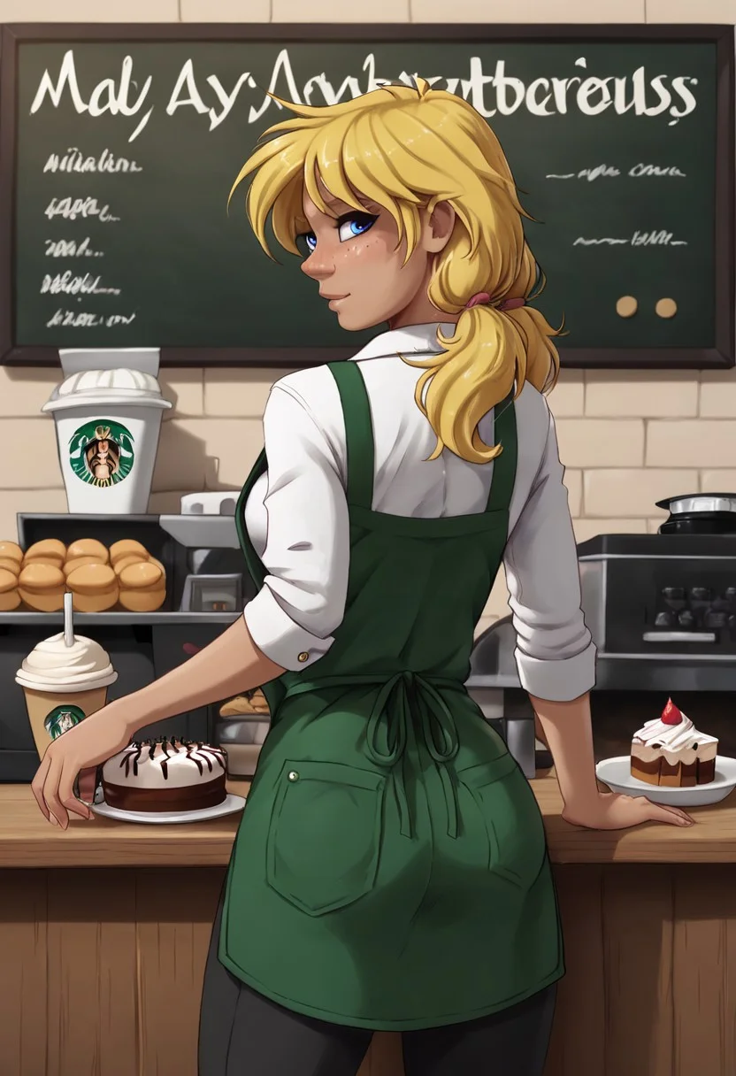 score_9, score_8_up, score_7_up, score_6_up, masterpiece, High resolution, High quality, Ultra-detailed, ((jay_naylor_style)), ((cartoon style)), front view, BREAK, ((1girl)), solo, marryannpxljay, tanned skin, blonde hair, blue eyes, freckles, freckles on the chest, freckles on the ass, big ass, twintails, low twintails, freckles, natural tits, realistic skin, ultra realistic sharp skin, ((Starbucks uniform)), green open cappy, apron, smiles at the customer, rests her hands on the counter, deep neckline, black pants, white top,
BREAK, background starbucks shop, wooden counter, girl behind a wooden counter, muffins under a cake bell on the counter, neon display with various coffee specialities as purchase options in different sizes, behind the counter, upper body visible,