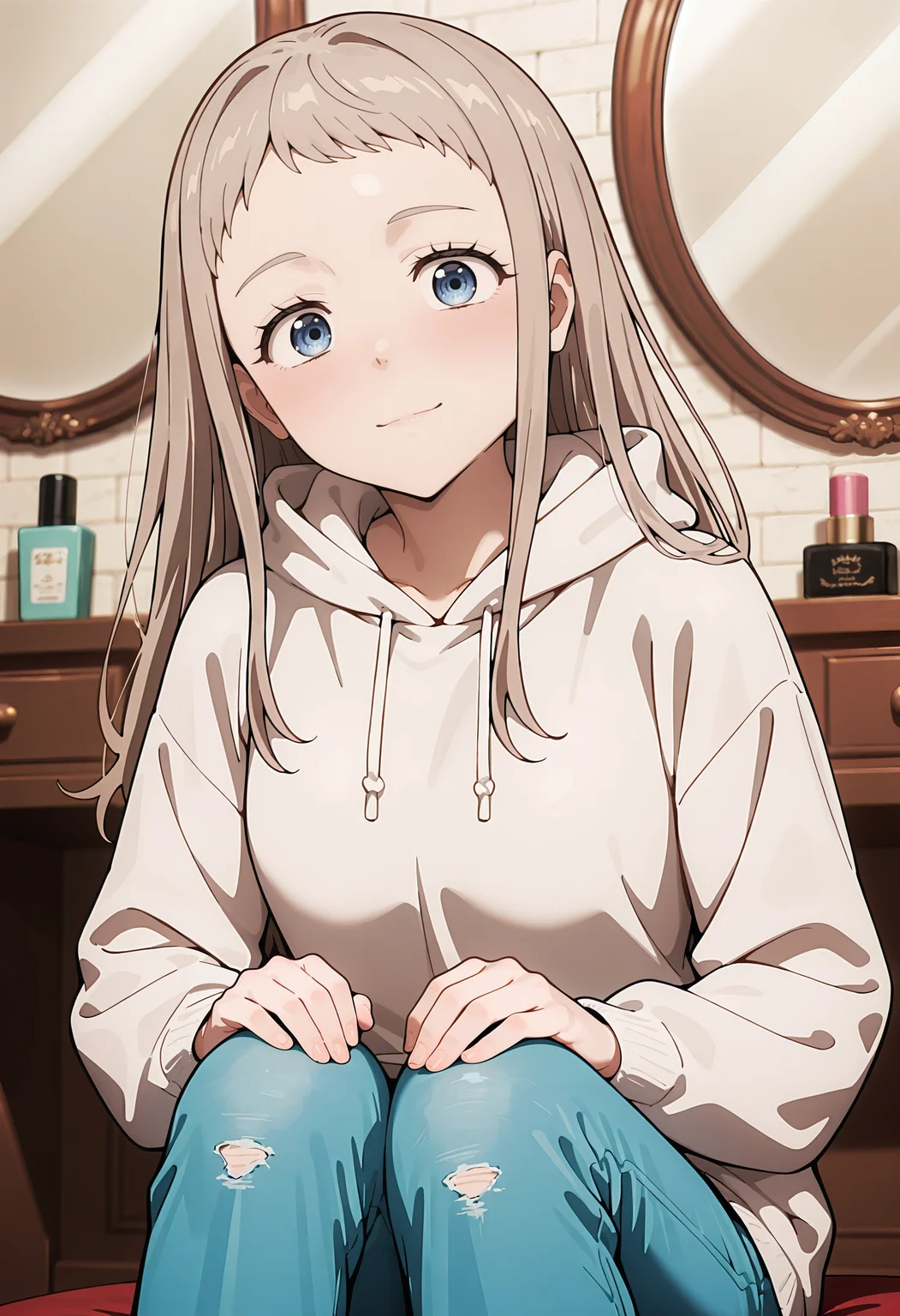 best quality, amazing quality, perfect quality, high quality, masterpiece, absolutely eye-catching BREAK
<lora:WIND_BREAKER_-_Shizuka_Narita:1> WindNarita, blue eyes, brown hair, long hair, long sidelocks, short bangs BREAK
white hoodie, hood down, jeans BREAK
indoors, brick wall, vanity table, cosmetics, mirror, spotlights BREAK
1girl, solo, sitting, hands on knees, head tilt, light smile, looking at viewer, dutch angle