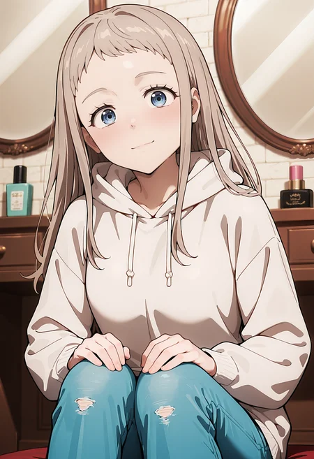 best quality, amazing quality, perfect quality, high quality, masterpiece, absolutely eye-catching BREAK
<lora:WIND_BREAKER_-_Shizuka_Narita:1> WindNarita, blue eyes, brown hair, long hair, long sidelocks, short bangs BREAK
white hoodie, hood down, jeans BREAK
indoors, brick wall, vanity table, cosmetics, mirror, spotlights BREAK
1girl, solo, sitting, hands on knees, head tilt, light smile, looking at viewer, dutch angle