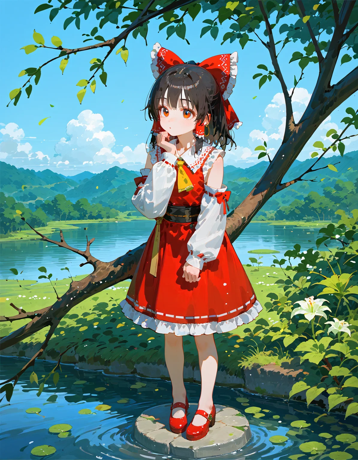 score_9,score_8_up,score_7_up,score_6_up,anime,
1girl,hakurei_reimu,soft skin,detailed face,detailed body,long eyelashes,detached_sleeves,hoop_earrings,single_earring,frilled_sleeves,(mary_janes shose:1.2),
(tiptoes:1.3),(she looking up:1.3),(hand up to reach the branch:1.4),spider_lily,wriggle_nightbug,sky,ripples,
standing on a stone in the center of the water surface,(landscape:0.8),<lora:naiathomeaug25v2:0.8>,