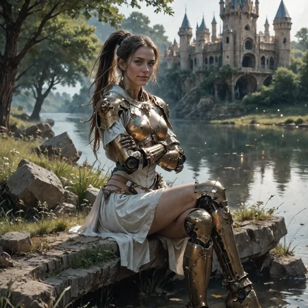 Stable_Yogis_PDXL_Positives,
1girl, sitting, crossed legs, crossed arms, (looking at viewer:1.1), light smile,
armor, pauldrons, greaves, gloves, high heel boots,, skirt, ornate, fantasy,
long ponytail, reelmech, mechanical arms, mechanical legs, spine, wire,
outdoors, light particles, castle, lake, grass, stone, trees, dramatic shadows, volumetric lighting, reflections, cinematic
<lora:Fant5yP0ny:0.5>
<lora:Reelmech_pony_ed_v1_3:0.6>
<lora:Fantasy Armor Esteemed Eclipse pony:0.75>
<lora:Round_Breasts_XL_XV7-000038:1>