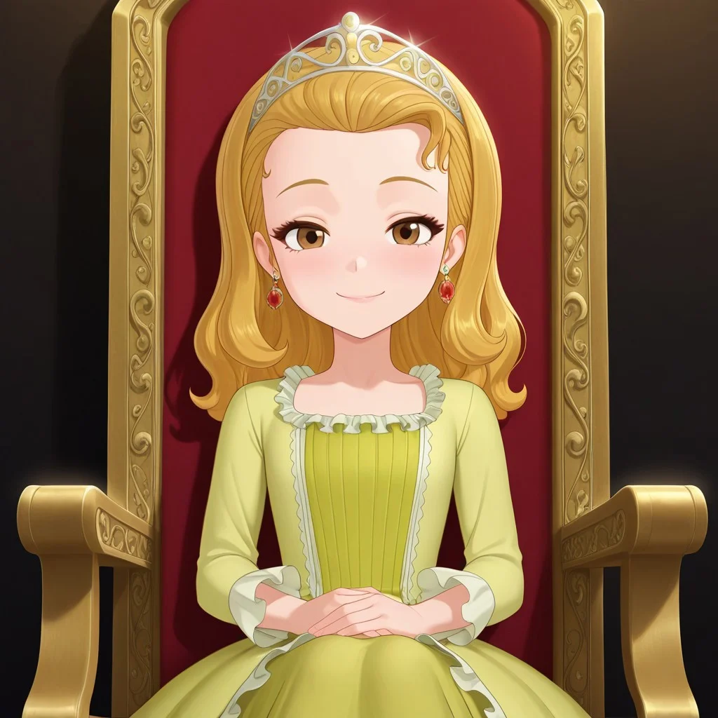 masterpiece, best quality, amb_stf, tiara, blonde hair, earrings, brown eyes, dress, sitting, throne, smile, looking at viewer