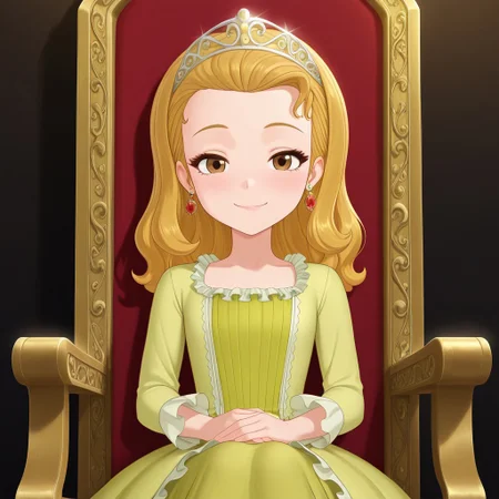 masterpiece, best quality, amb_stf, tiara, blonde hair, earrings, brown eyes, dress, sitting, throne, smile, looking at viewer