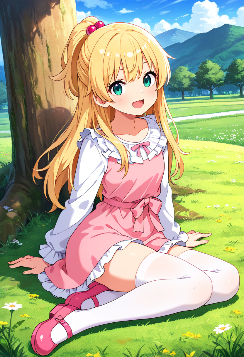 masterpiece, best quality, absurdres, very aesthetic, general,
1girl, solo, long hair, half updo, green eyes, sitting, hair ornament, white legwear, blonde hair, hair bobbles, open mouth, tree, ponytail, zettai ryouiki, day, eyelashes, outdoors, pink skirt, looking at viewer, arm support, grass, full body, casual, cloud, white shirt, pink footwear, blue eyes, on ground, pink dress, yokozuwari, pink bow, mary janes, legs, blue sky, collarbone, long sleeves, shadow, frills, white thighhighs, mountain, smile,