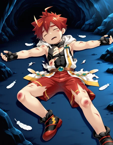 masterpiece,best quality,amazing quality
BREAK
izumi,solo,1 boy,tilt head,(exhausted:1.2),closed eyes,Bruised body ,pain,,(injury:1.5),lying,open mouth,(torn clothes:1.2),sweat,,open hand,spread arms,ahoge, male focus, multicolored hair, red hair, shorts, sleeveless, black gloves, hood, fingerless gloves,, feathers, red shorts,cave
BREAK
<lora:izumi_ill_hassaku_896_1152_v1:1>