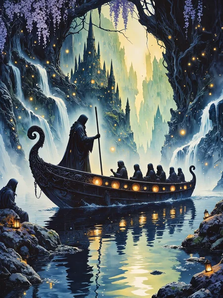 famous artwork, a masterful watercolor and ink painting on traditional washi paper, rule of thirds composition, ancient greek mythology, a hauntingly beautiful scene unfolds as the dark robed charon, the solemn, towering ferryman of the underworld, guides his ancient black boat across the spectral, mist-laden waters of the river styx in the underworld of greek mythology, the vast, otherworldly river stretches into the distance, its surface reflecting the eerie glow of small, ghostly lanterns that line the boatâs edges, soft ripples distort the reflection of their flickering light on the water's surface, charon stands at the helm of his ferry, his skeletal hand gripping a long oar, guiding his vessel through the mystical gloom. the boat itself is decorated with masterfully crafted, intricate carvings, charon's face is obscured by shadows of his hood, his presence exudes an ancient, quiet authority. the river is ink-black. ethereal will-o-wisps flicker in the mist, their golden glow illuminating the rock formations that rise from the riverbanks like the remnants of forgotten tombs. some shadowy translucent souls in the boat sit in quiet contemplation, others gaze toward the distant shore, where the underworldâs dark spires loom, jagged rock formations pierce through the fog, their twisted, unnatural shapes softened by the luminous glow of will-o-wisps that hover along the shore of the river. above, a hauntingly beautiful twilight sky shifts between deep indigo and an ethereal teal, scattered with translucent spirits. wisteria vines hang like cascading curtains from ancient, black trees, their luminescent violet blossoms adding a touch of delicate sorrow to the scene, the entire composition is drenched in a melancholic, atmospheric beauty, a balance between sorrow and wonder, emphasizing the interplay of glowing light and deep shadow, the ethereal mist wafting over the water, and the translucent lost souls, all captured with masterful brushstrokes. deep blues, purples, greens, and spectral golds create a dreamlike, melancholic atmosphere. detailed hoods and robes, detailed ornate carvings on the boat, accurate reflections, ovg, studio ghibli dark fairytale, <lora:style-dark_ghibli-flux-by_arsmachina:0.64> <lora:image_enhancer-flux-by_dever:0.72>