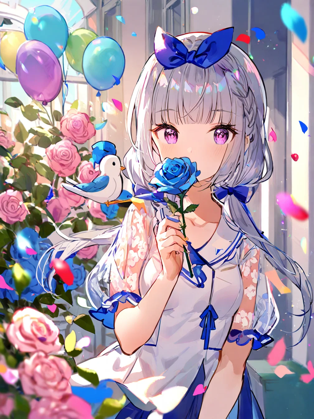 1girl,solo,hair bow,blue bow,twintails,low twintails,braid,long hair,grey hair,purple eyes,short sleeves,white dress,shirt,blue skirt,blue ribbon,see-through,see-through sleeves,collarbone,frills,small breasts,
holding,holding flower,hand up,bow,covered mouth,looking at viewer,
blue flower,blue rose,rose,flower,floral print,falling petals,rose petals,petals,
flower,balloon,bird,holding,blunt bangs,looking at viewer,animal on shoulder,solo,blue flower,open mouth,confetti,window,white jacket,pleated skirt,day,rose,pink flower,outdoors,upper body,
<lora:ag31-fuzichoco_1-000032:1>,
