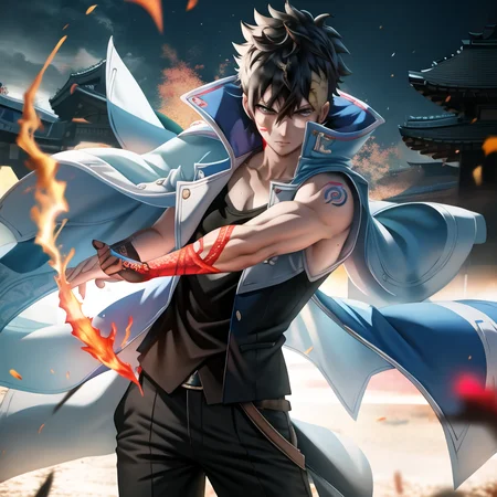 1boy,<lora:kawakiuzumaki:0.95>, ( Kawaki_Uzumaki, a man with blue eyes and a karma_horn on his head, wearing a navy blue and white jacket, kawakiblue_jacket, green shirt, sleeveless, piercing on right eyebrow, grey eyes, brown skin, black_kawaki_hair_and_yellow_side_hair:1), red level3_karma_tattoo on face, red level3_karma_tattoo on neck, ULTIMATEFORM, east asian architecture background, beautiful detailed symmetrycal face, detailed hair, detailed fingers and hands, detailed body, detailed and intricate, hypermaximalist, hyper realistic, super detailed, looking at the viewer, dynamic pose, body focus, cowboy shot (((masterpiece))), (((best quality))), illustration, artstation, rim light, Alembert Oclusion, SSAO, Bokeh, Cinematic, Golden Hour, Depth of Field, DOF, Vignette, Anti-Aliasing <lora:sakimichanStyle_v15:0.7>, art by SakimiChan, (sakimi-style:0.8), (nixeu_soft:0.2)