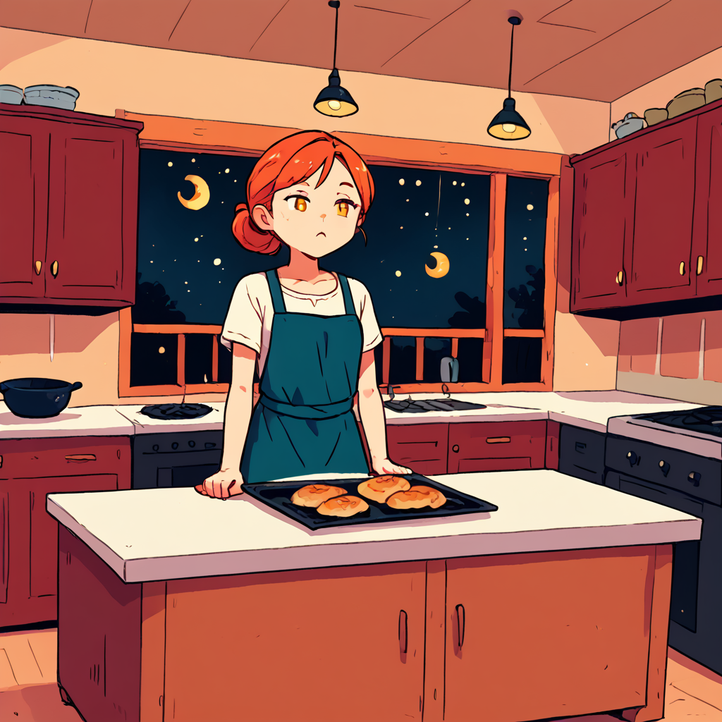 TarotArtStyleCats, house, indoors, kitchen, night sky, 1girl, simple art style <lora:ArtStyleCats:1>