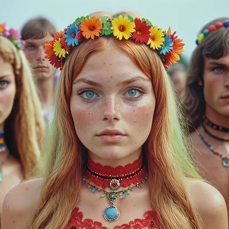 <lora:60sPsychedelicMovie2SDXL:1> ArsMovieStill, movie still from a 60s psychedelic movie, The image is a portrait of a young woman with long blonde hair and a flower crown on her head. She is wearing a red choker necklace with colorful beads and a red lace top. Her hair is styled in loose waves and she has a serious expression on her face. In the background there are other women with red hair and colorful headbands who appear to be at a festival or outdoor event. The sky is blue and the overall mood of the image is bright and cheerful., freckles, blurry, green eyes, jewelry, flower, long hair, blurry background, solo focus, necklace, blonde hair