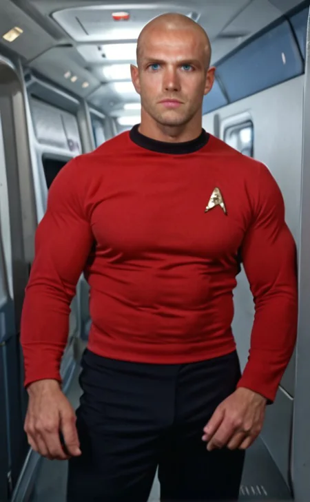 1boy, 20 year old male, Handsome, masculine, blonde, star trek, red shirt, muscle, tall, tight shirt, wide pectorals, big shoulders, wide shoulders, muscular neck, German, standing at attention, bald, big pale blue eyes, abs, biceps, serious facial expression, phaser, hand,
stunf, star trek uniform, uss enterprise ncc-1701 interior background, star trek, space ship interior, 1960s TV,
