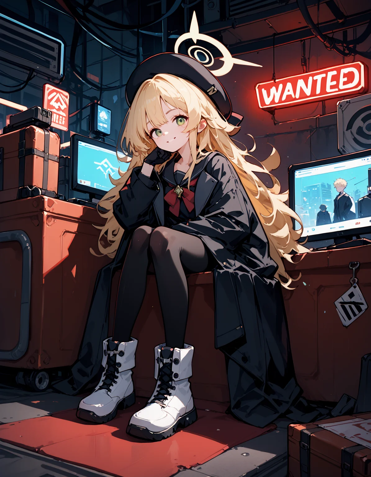 score_9, score_8_up, score_7_up, score_6_up, score_5_up, <lora:Professor_Niyaniya:0.8> long hair, halo, messy hair, sidelocks, green eyes, blonde hair, black serafuku, ribbon, brooch, coat, hat, black gloves, black pantyhose, sitting, white boots, monitors, computers, too many, sitting, glowing, wanted, cyberpunk, red warning sign, neon lights, smile, suitcase