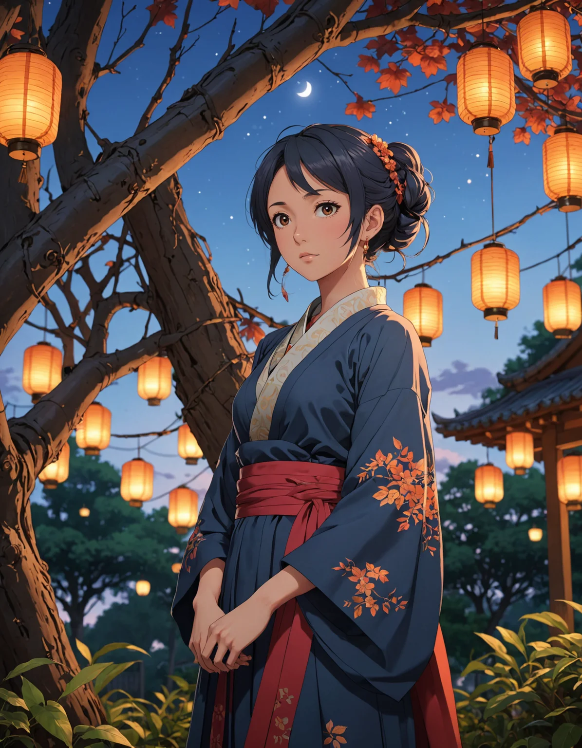 2D anime style, anime screencap, dusk garden scene, female character in traditional clothing leaning against a tree, soft warm glow from lanterns, detailed leaves and branches, surreal twilight sky with vivid colors and abstract cloud formations, high quality, ultra-detailed, cinematic, trending on artstation