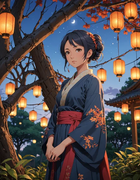 2D anime style, anime screencap, dusk garden scene, female character in traditional clothing leaning against a tree, soft warm glow from lanterns, detailed leaves and branches, surreal twilight sky with vivid colors and abstract cloud formations, high quality, ultra-detailed, cinematic, trending on artstation