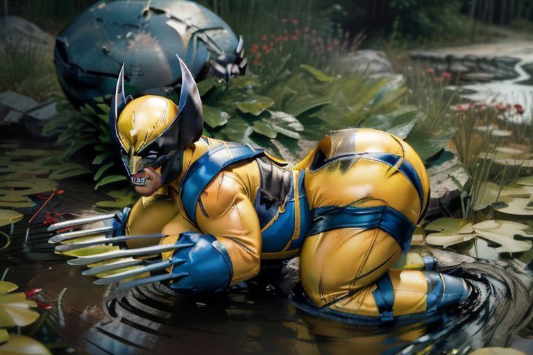 (pooltoy), floating on pond, canadian wilderness  masterpiece ,best quality, side view, full body, sideview, short, (wolverine costume), wolverine mask, muscular butch woman, solo, claws