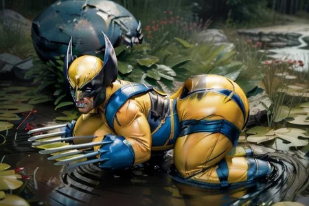 (pooltoy), floating on pond, canadian wilderness masterpiece ,best quality, side view, full body, sideview, short, (wolverine costume), wolverine mask, muscular butch woman, solo, claws