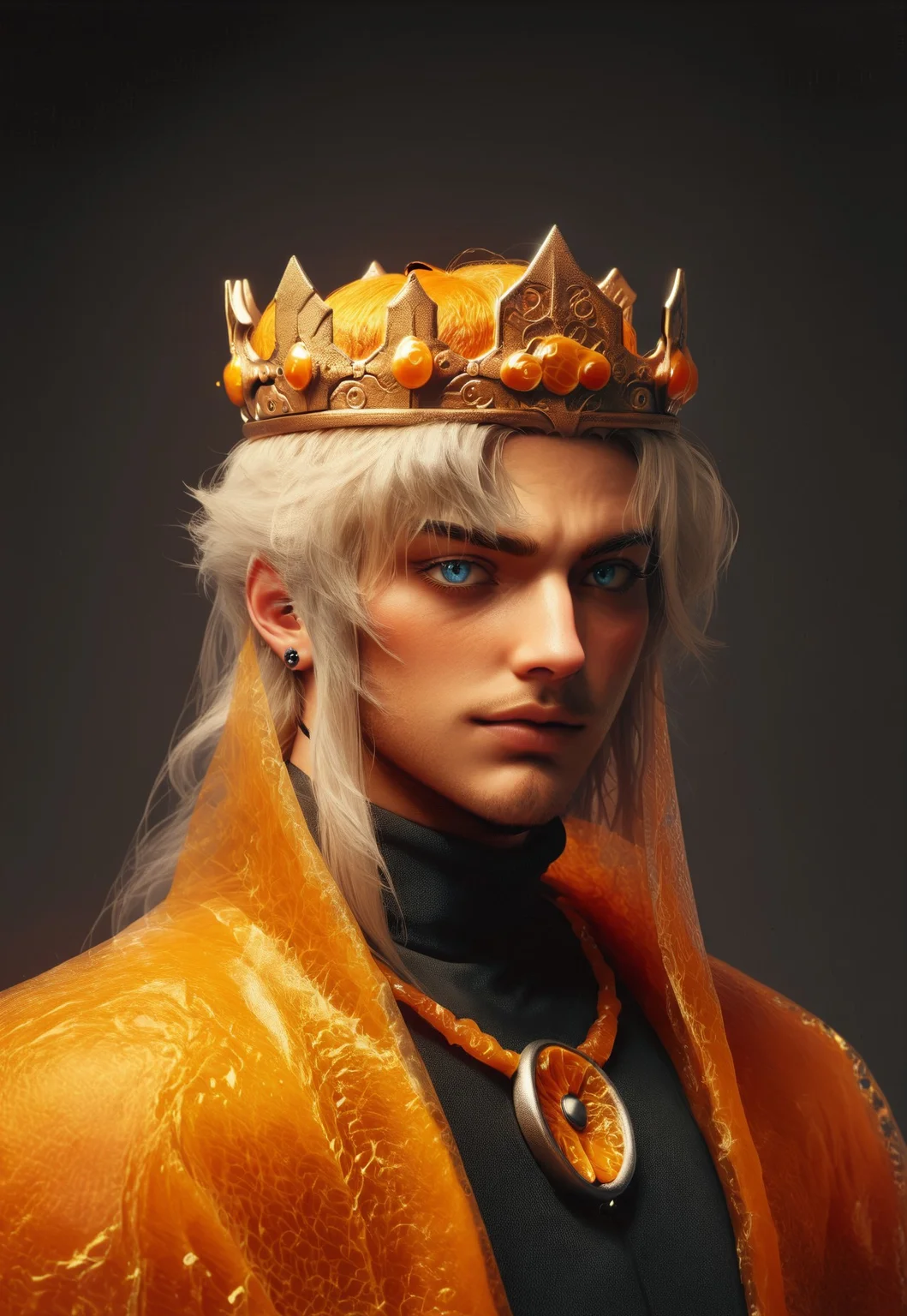 safe_pos, score_9, score_8_up, score_8. score_9, score_8_up, score_7_up, score_6_up, masterpiece, 4k, high quality, (best quality:1.1), BREAK, 1boy, photo of a man, 40-year-old (white-haired) blue-eyed stern orange king, wearing ornate translucent blue and orange (royal king outfit) necklace, piercings, in a (palace of orage peels), cinematic, ((orange peel crown)), translucent royal cape made out of ice, beard, seductive, floating clothes, <Oragne peel Armor:0.6>, realistic, highly detailed, realistic eyes, intricate details, detailed background, depth of field, dynamic pose, dynamic angle orange peel, dark background, in the style of Druuna