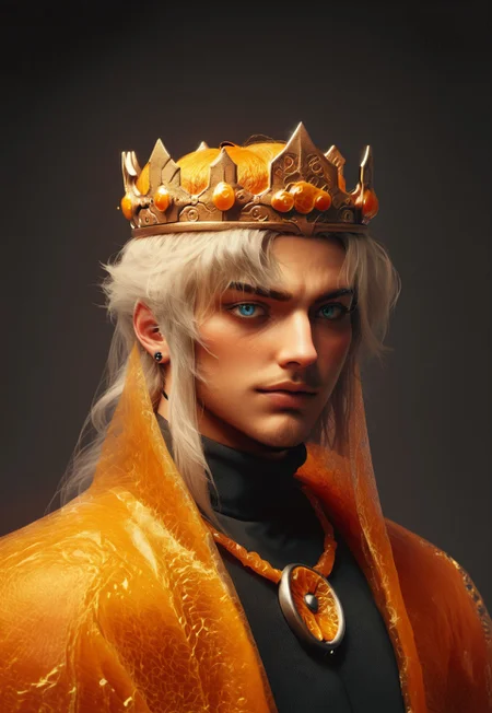 safe_pos, score_9, score_8_up, score_8. score_9, score_8_up, score_7_up, score_6_up, masterpiece, 4k, high quality, (best quality:1.1), BREAK, 1boy, photo of a man, 40-year-old (white-haired) blue-eyed stern orange king, wearing ornate translucent blue and orange (royal king outfit) necklace, piercings, in a (palace of orage peels), cinematic, ((orange peel crown)), translucent royal cape made out of ice, beard, seductive, floating clothes, <Oragne peel Armor:0.6>, realistic, highly detailed, realistic eyes, intricate details, detailed background, depth of field, dynamic pose, dynamic angle orange peel, dark background, in the style of Druuna