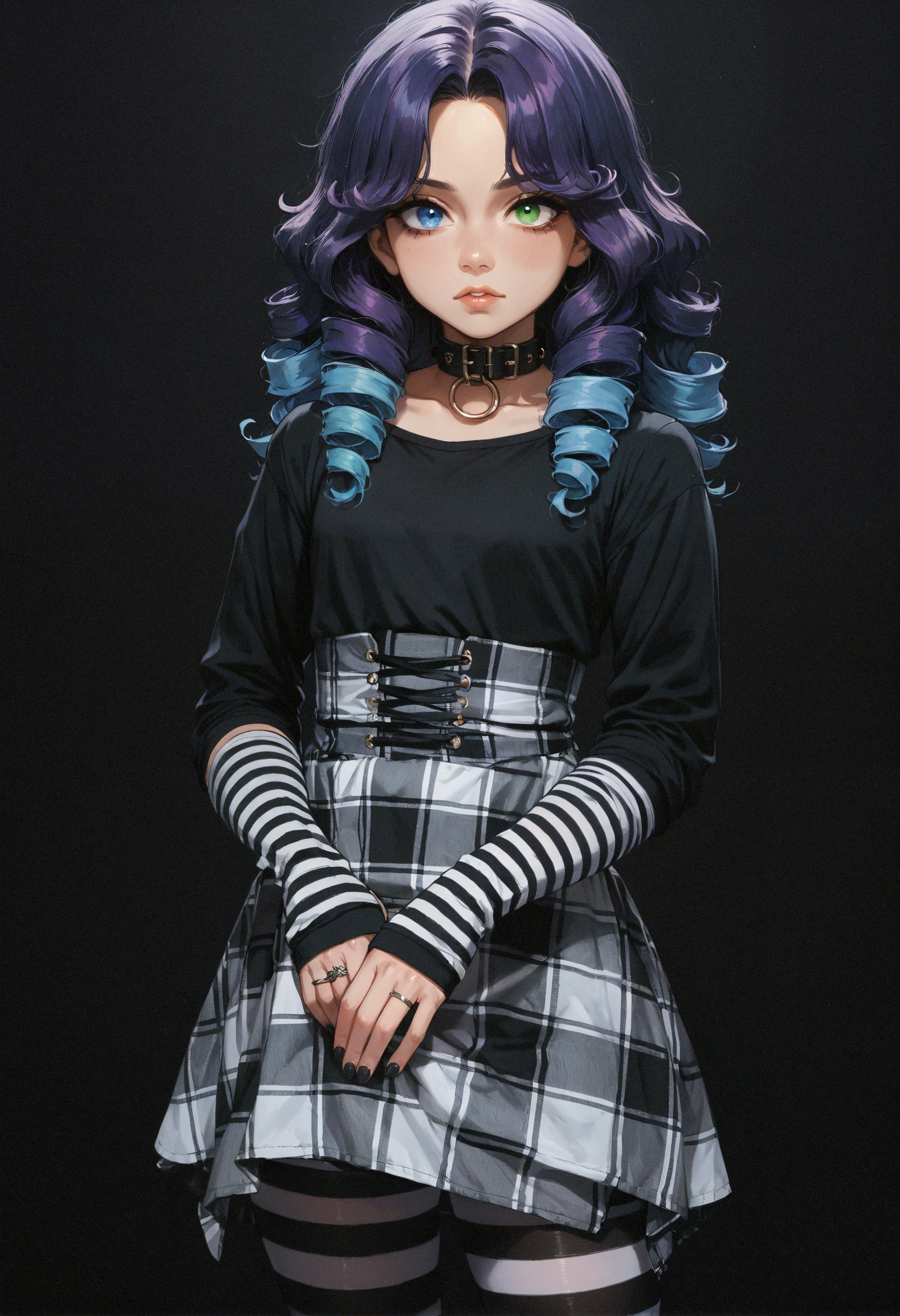 score_9,score_8_up,score_8_up,(portrait:1.3),dark background,1girl,standing,full body,blue hair,purple hair,two-tone hair,very long curly hair,green eye,blue eye,heterochromia,high-waist plaid skirt,striped clothes,striped pantyhose,black top,long sleeves,black platform high heels,small breasts,black nails,multiple rings,striped sleeves,black collar,collar ring,striped arm warmers,sleeves past wrists,high-waist skirt,<lora:MyTrainings\Temp\AlterCiri_Striped_Socks_Goth_Dress_Pony_ARZUMATA\AlterCiri_Striped_Socks_Goth_Dress_Pony_ARZUMATA.safetensors:0.7>