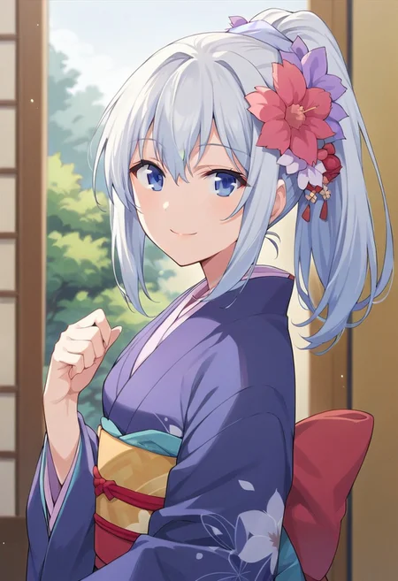score_9, score_8_up, score_7_up, source_anime,masuzu natsukawa, 1girl, solo, long hair, blue eyes, hair ornament, ponytail, flower, japanese clothes, smile, hair flower, kimono